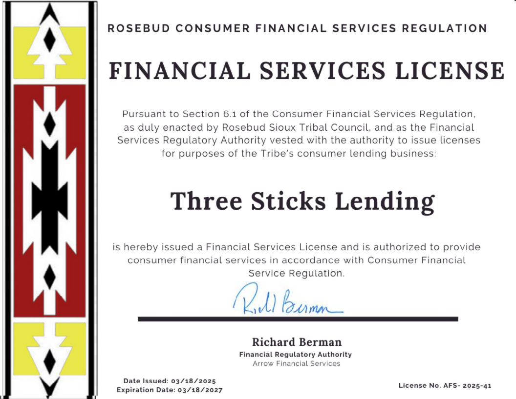 Three Sticks Lending Financial Services License